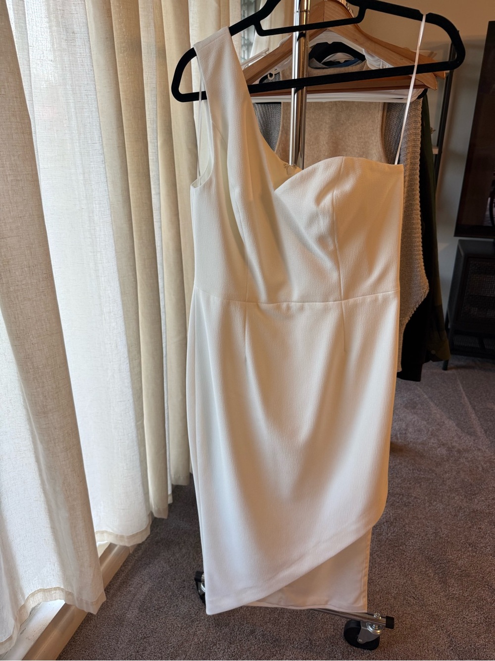 Dress the Population White One Shoulder Midi Dress Size L